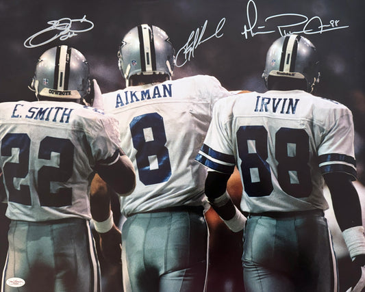 Troy Aikman, Emmitt Smith, & Michael Irvin Signed 16x20 Dallas Autographed Photograph JSA