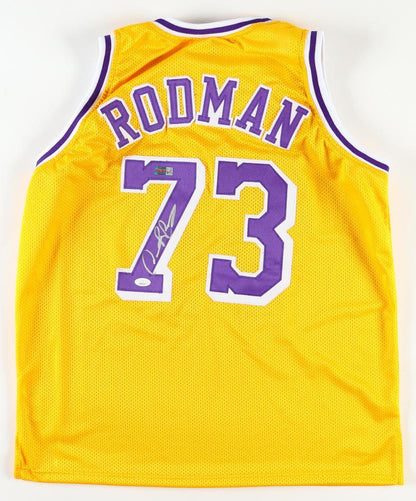 Dennis Rodman Autographed Los Angeles ] Custom Basketball Yellow Jersey (PIA)