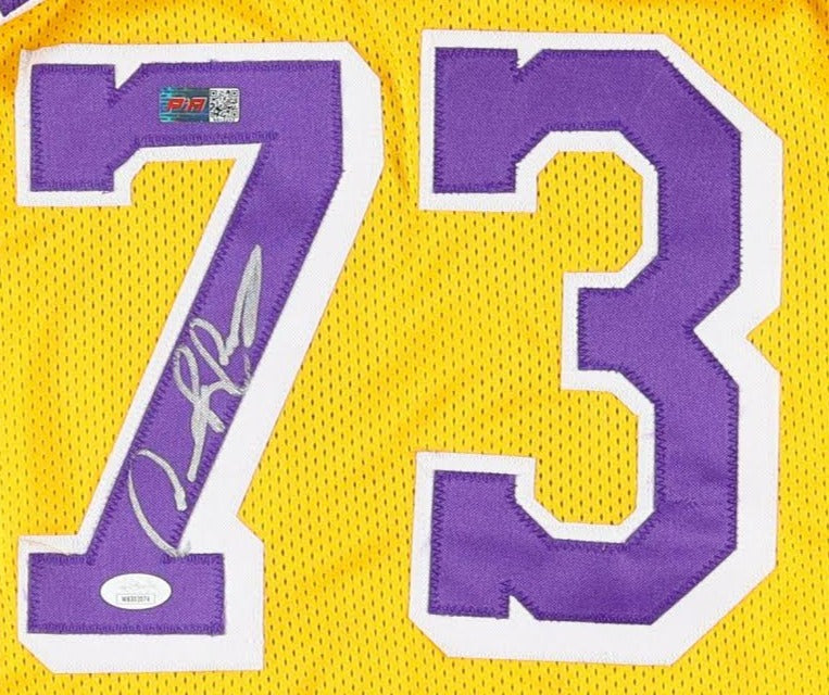 Dennis Rodman Autographed Los Angeles ] Custom Basketball Yellow Jersey (PIA)