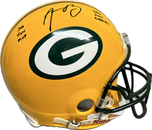 Aaron Rodgers Green Bay "SB MVP & SB Champs" Inscription Full Size Home Speed Football Helmet (JSA)