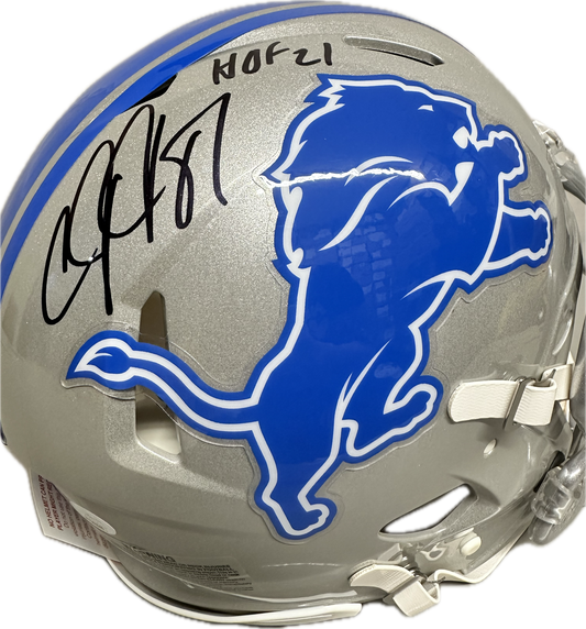 Calvin Johnson "HOF 21" Inscription Signed Detroit Full Size Grey Football Helmet (JSA)