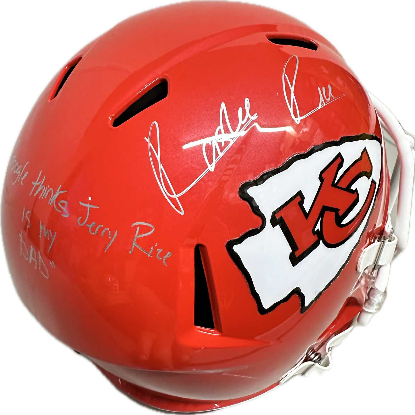 Rashee Rice Kansas City Inscription "Google Thinks Jerry Rice Is My Dad Red Full Size Football Helmet (JSA)