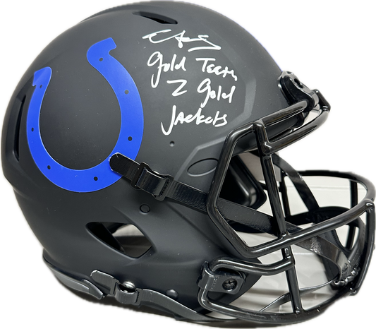 Edgerrin James Full Size Indianapolis Eclipse Speed AMP Football Helmet (JSA) Gold Teeth To Gold Jacket